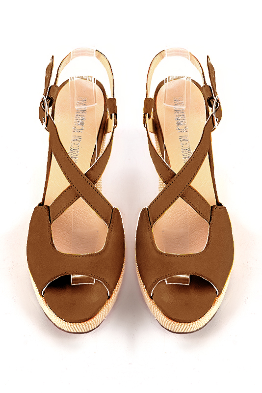 Caramel brown women's closed back sandals, with crossed straps.. Top view - Florence KOOIJMAN